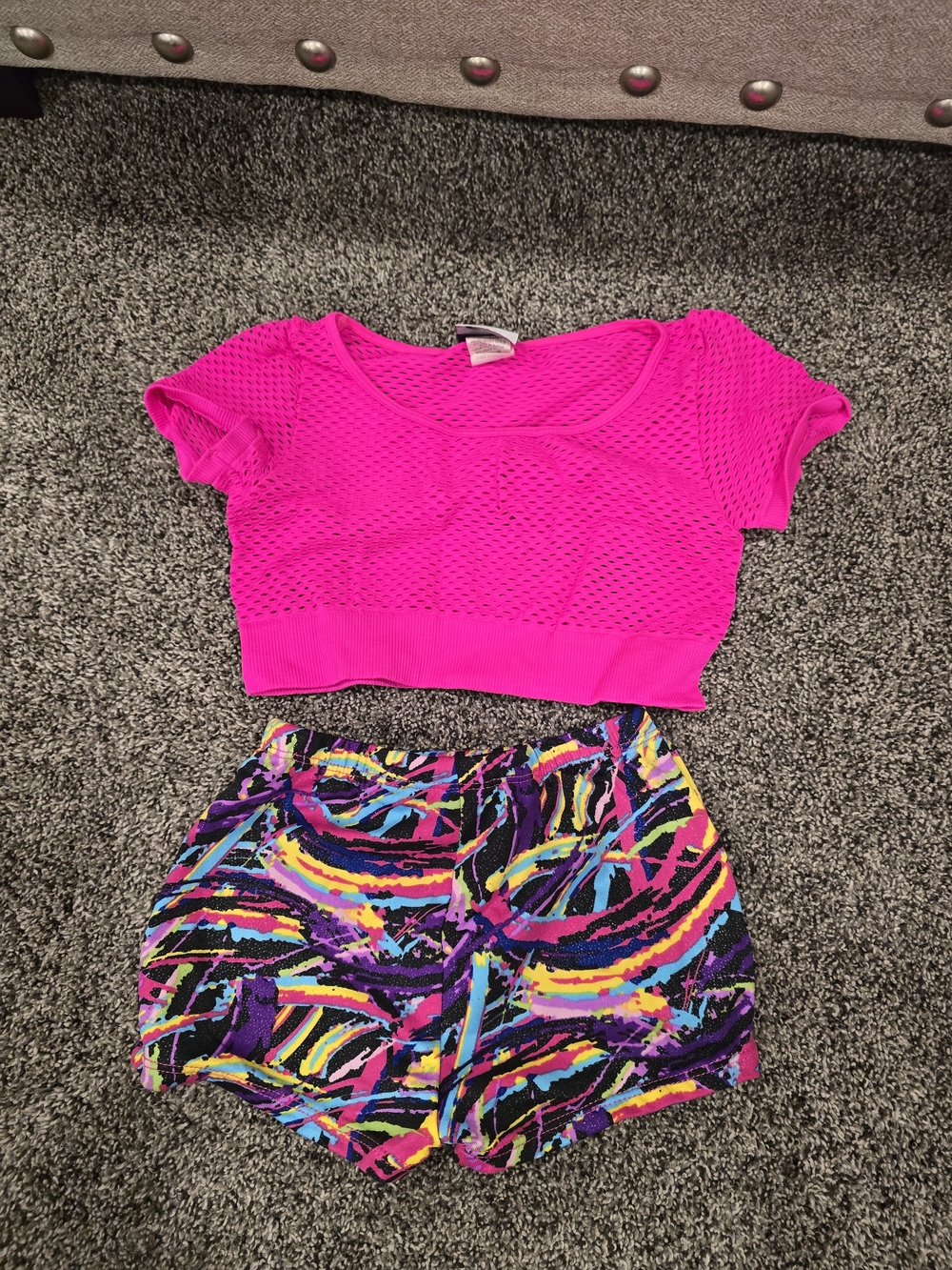 Danskin Hot Pink Mesh Crop Top with Neon Abstract Print Shorts